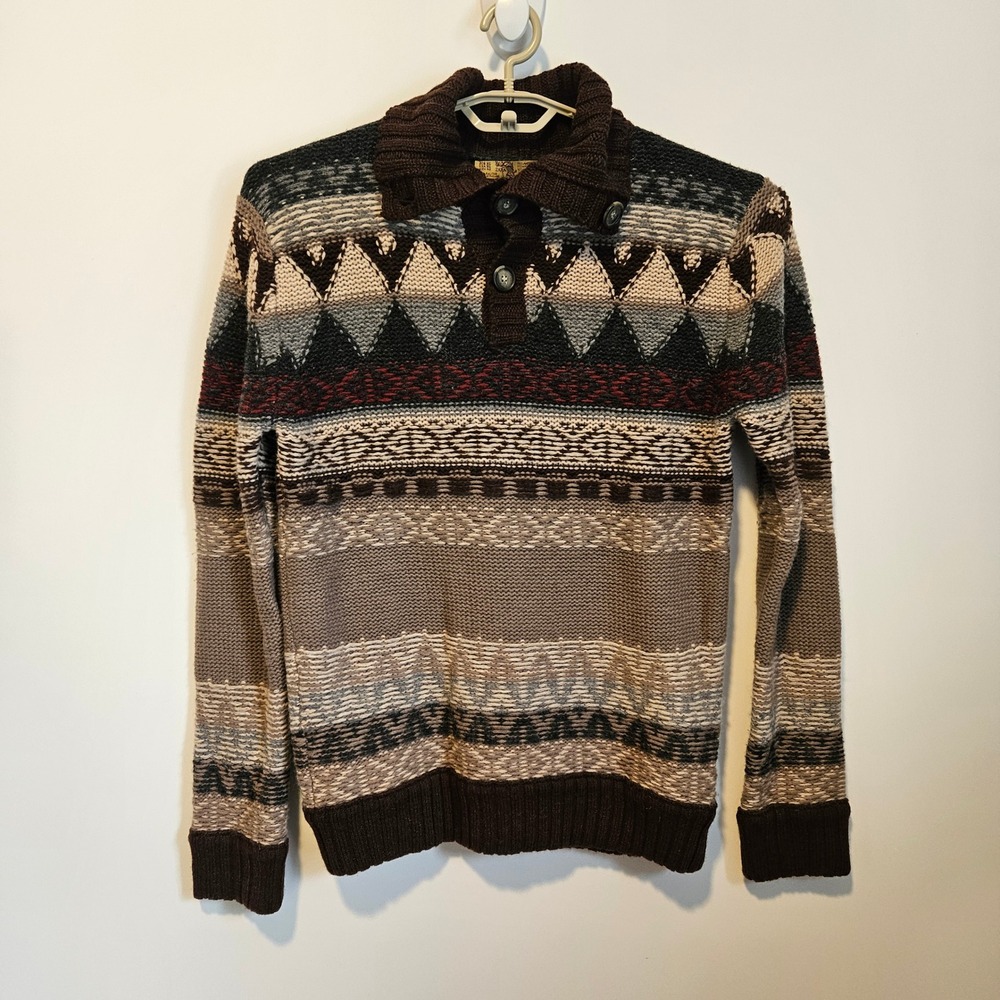 Zara Sweater Mens XL Pullover Henley Lambswool Blend Shawl Collar Brown Cozy
